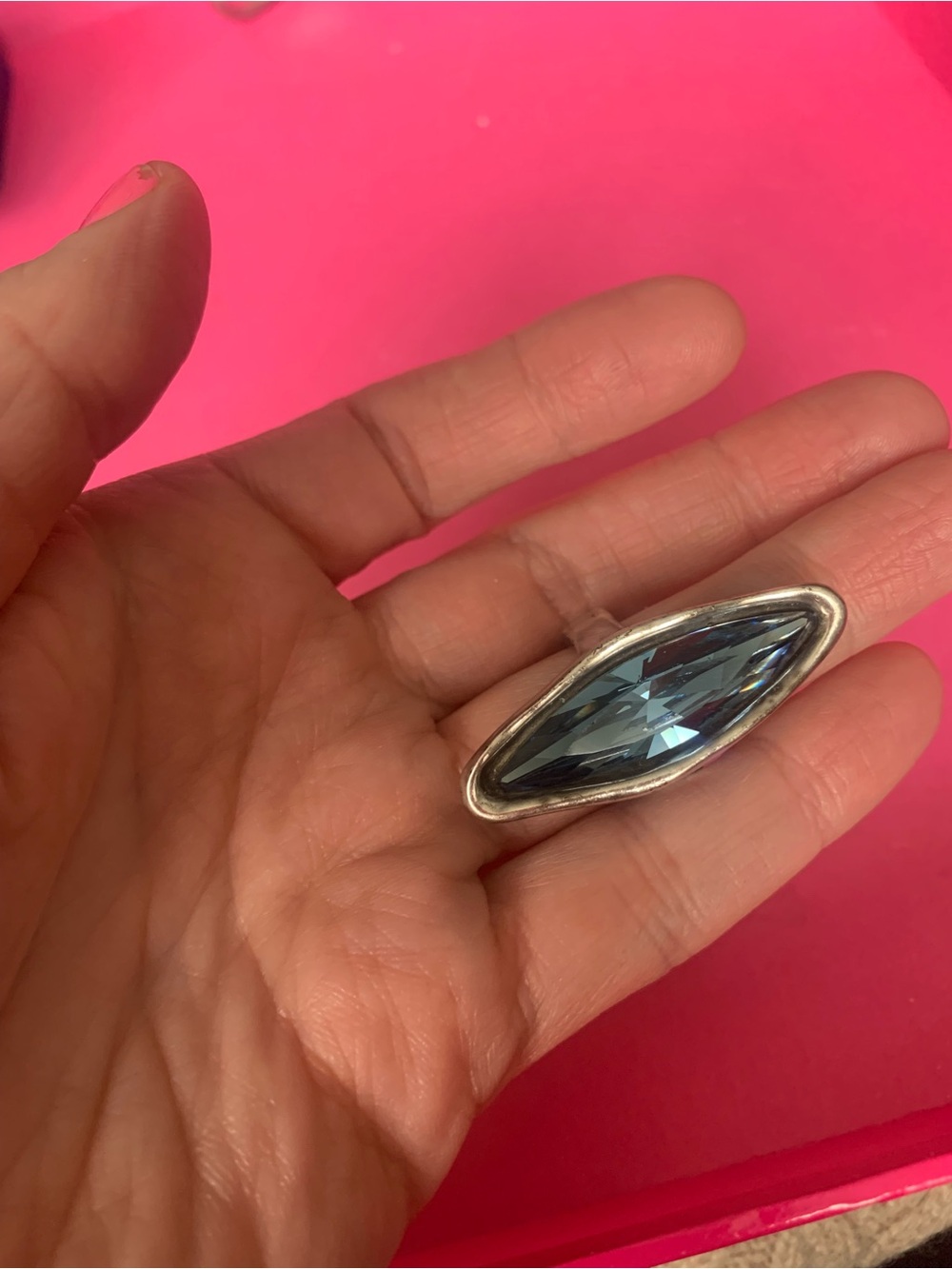 UNO DE 50 Silver Plated Ring with Marquise Shaped Blue Crystal approx size 6